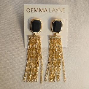 Gemma Layne earrings, gold fringe dangling 3" from black disc studs, NWT